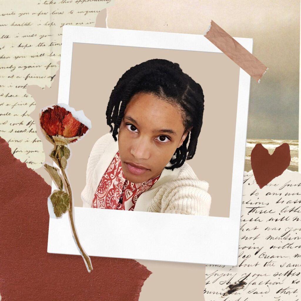 A digital collage of a young woman's polaroid image, framed in the background by torn sheets of writing, dark red paper, a weathered photo of the sea, tape, and a pressed rose sticker.